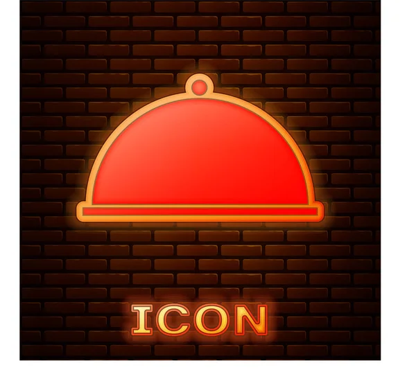 Glowing Neon Covered Tray Food Icon Isolated Brick Wall Background — 스톡 벡터