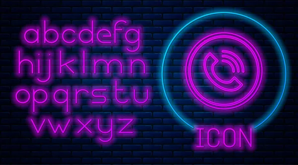 Leuchtende Neon Telefonanruf Symbol Isoliert Auf Backsteinwand Hintergrund Neonlicht Alphabet — Stockvektor