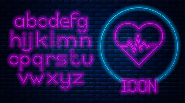 Gloeiende Neon Hartslag Pictogram Geïsoleerd Bakstenen Muur Achtergrond Heartbeat Teken — Stockvector