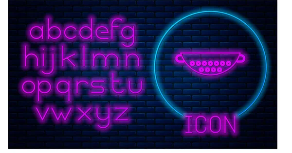 Zářící Neon Kuchyně Colander Ikona Izolované Cihlové Zdi Pozadí Nádobí — Stockový vektor