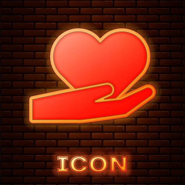 Corazón Neón Brillante Mano Icono Aislado Fondo Pared Ladrillo Mano — Vector de stock