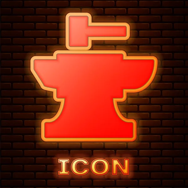 Glowing Neon Anvil Blacksmithing Hammer Icon Isolated Brick Wall Background — Stock Vector