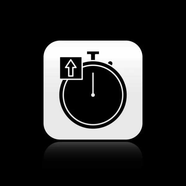 Schwarzes Stoppuhrsymbol Isoliert Auf Schwarzem Hintergrund Zeitzeichen Chronometerzeichen Silberner Quadratischer — Stockvektor