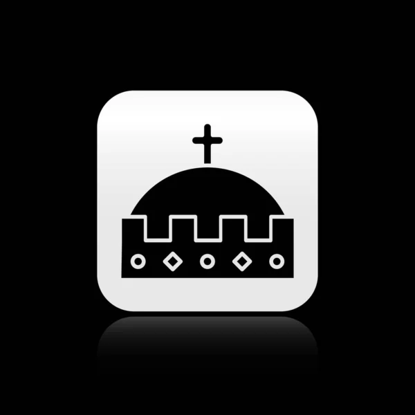 Black King Crown Icon Isolated Black Background Silver Square Button — 스톡 벡터