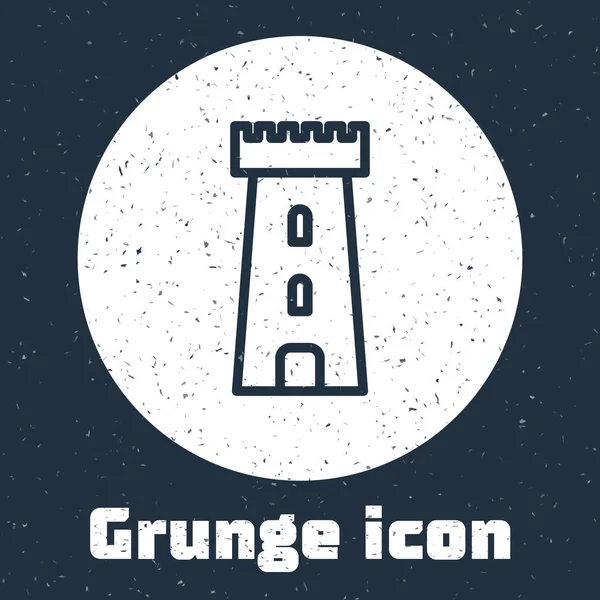 Grunge Line Burgturm Ikone Isoliert Auf Grauem Hintergrund Festungszeichen Monochrome — Stockvektor