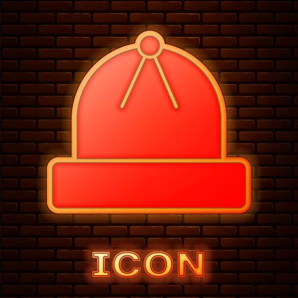 Glowing Neon Winter Hat Icon Isolated Brick Wall Background Vector — Stock vektor