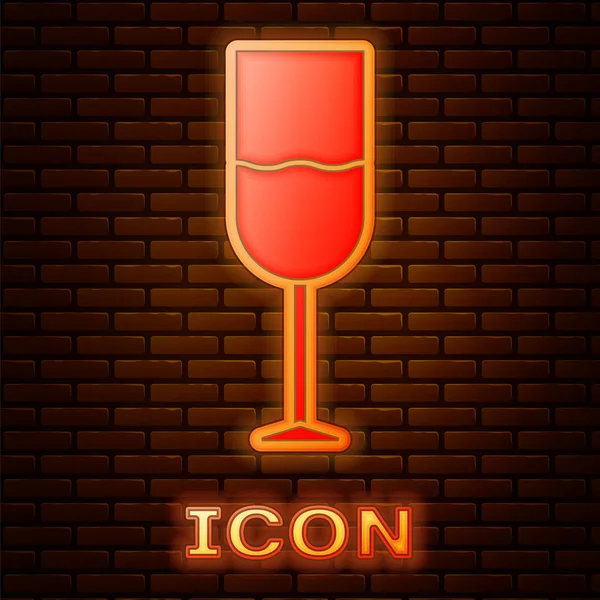 Lumineux Néon Icône Verre Vin Isolé Sur Fond Mur Briques — Image vectorielle