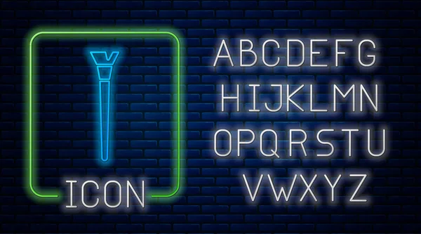 Gloeiende Neon Make Borstel Pictogram Geïsoleerd Baksteen Muur Achtergrond Neon — Stockvector