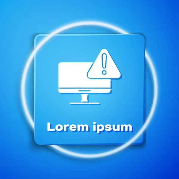 White Computer Monitor Exclamation Mark Icon Isolated Blue Background Alert — 스톡 벡터
