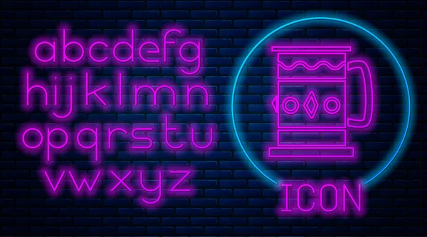 Glowing Neon Wooden Mug Icon Isolated Brick Wall Background Neon — 스톡 벡터