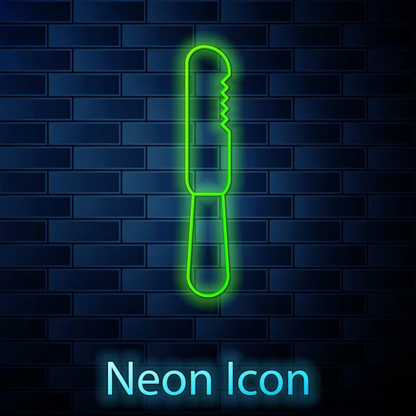 Leuchtende Neon Linie Einweg Kunststoffmesser Symbol Isoliert Auf Backsteinwand Hintergrund — Stockvektor