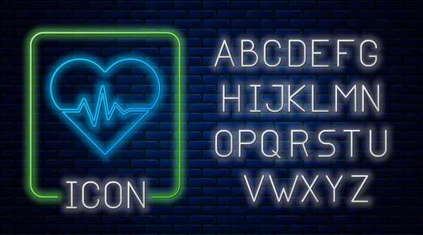 Glowing Neon Heart Rate Icon Isolated Brick Wall Background Tanda - Stok Vektor