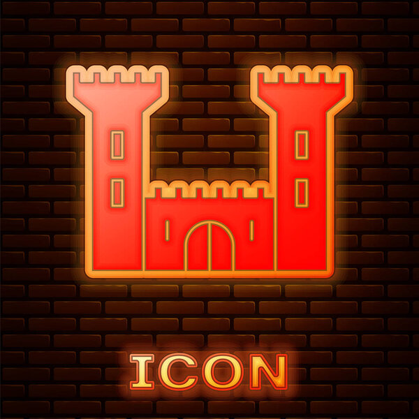 Glowing neon Castle icon isolated on brick wall background. Fortress sign.  Vector Illustration