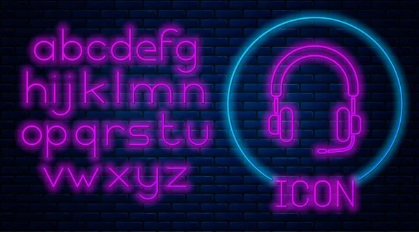 Glowing Neon Headphones Icon Isolated Brick Wall Background Earphones Concept — 스톡 벡터