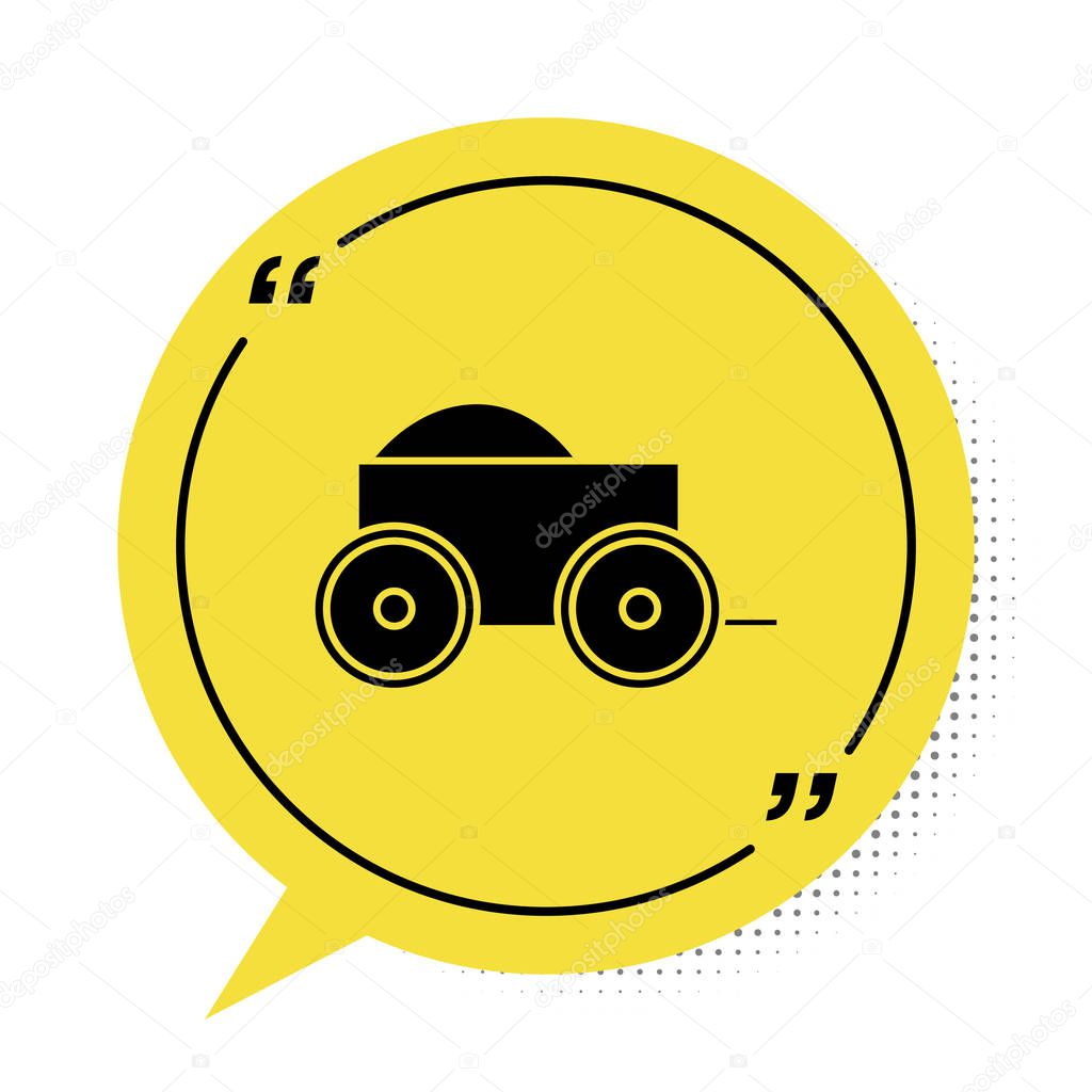 Black Wooden four-wheel cart with hay icon isolated on white background. Yellow speech bubble symbol. Vector Illustration