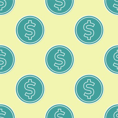 Dolar sembollü yeşil sikke parası sarı arka planda izole edilmiş kusursuz desen. Bankacılık işareti. Para sembolü. Vektör İllüstrasyonu