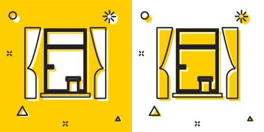 Oda ikonunda perdeleri olan siyah pencere sarı ve beyaz arkaplanda izole edilmiş. Rastgele dinamik şekiller. Vektör İllüstrasyonu