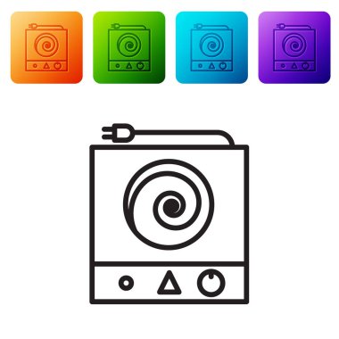 Siyah çizgi elektrikli soba ikonu beyaz arka planda izole edildi. Mutfak tabelaları. Dört daire ocağı olan bir hob. Renkli kare düğmelerle simgeleri ayarla. Vektör İllüstrasyonu