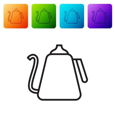 Siyah çizgi Kettle beyaz arkaplanda ikon olarak izole edilmiş. Çaydanlık ikonu. Renkli kare düğmelerle simgeleri ayarla. Vektör İllüstrasyonu