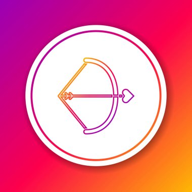 Renk arkaplan üzerinde yay ve ok simgesi izole edildi. Aşk tanrısı sembolü. Aşk işareti. Sevgililer Günü konsepti. Çember beyaz düğme. Vektör İllüstrasyonu