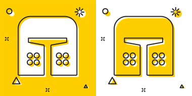 Siyah Ortaçağ demir miğferi, sarı ve beyaz arka planda izole edilmiş kafa koruma ikonu. Rastgele dinamik şekiller. Vektör İllüstrasyonu