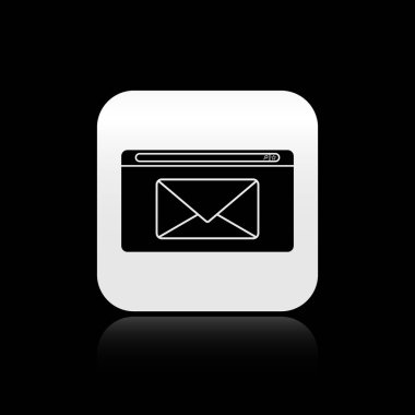 Siyah arka planda yalıtılmış Black Mail ve e-posta simgesi. Zarf sembolü e-posta. E-posta ileti işareti. Gümüş kare düğme. Vektör İllüstrasyonu