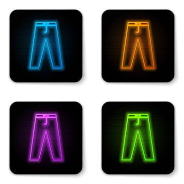 Parlayan neon pantolon simgesi beyaz arkaplanda izole edildi. Siyah kare düğme. Vektör İllüstrasyonu