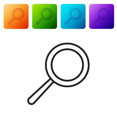 Siyah çizgi kızartma tavası simgesi beyaz arkaplanda izole edildi. Kızartma veya kızartma gıda sembolü. Renkli kare düğmelerle simgeleri ayarla. Vektör İllüstrasyonu