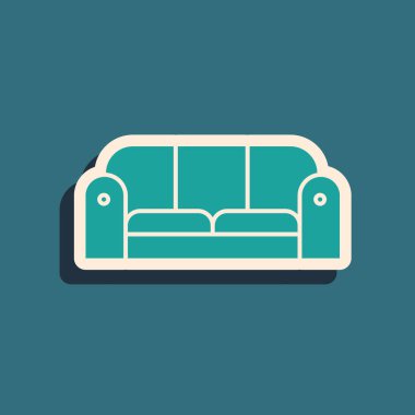 Yeşil Kanepe simgesi mavi arka plan üzerinde izole. Uzun gölge stili. Vektör İllüstrasyonu