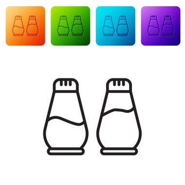 Beyaz arka planda siyah çizgi tuzu ve biber ikonu izole edildi. Yemek pişirme baharatları. Renkli kare düğmelerle simgeleri ayarla. Vektör İllüstrasyonu