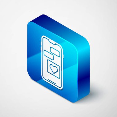 Beyaz arka planda kalp ikonu olan Isometric cep telefonu. Sevgililer Günü. Mavi kare düğme. Vektör İllüstrasyonu