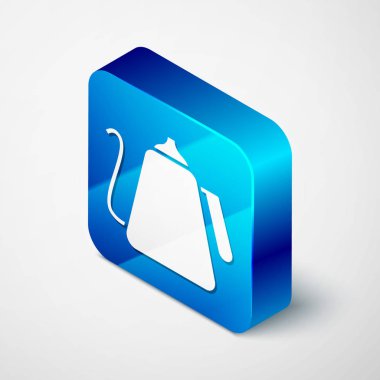 İzometrik Kettle beyaz arka plan üzerinde izole kolu simgesi ile. Çaydanlık simgesi. Mavi kare düğmesi. Vektör İllüstrasyonu