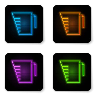 Beyaz zemin üzerinde izole edilmiş kuru ve sıvı yiyecek ikonunu ölçmek için parlayan neon ölçme kabı. Plastik şişenin sapı var. Siyah kare düğme. Vektör İllüstrasyonu