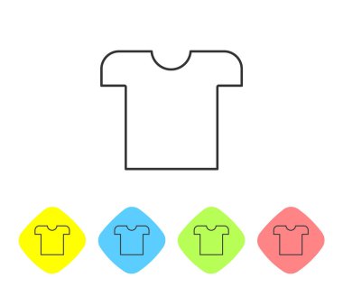 Beyaz arka planda gri çizgi tişört ikonu izole edildi. Renkli eşkenar dörtgen düğmelerine simgeleri yerleştir. Vektör İllüstrasyonu