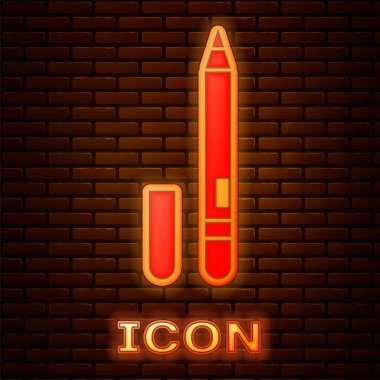 Glowing neon Eyeliner, eyebrow icon isolated on brick wall background. Pencil for eyes.  Vector Illustration