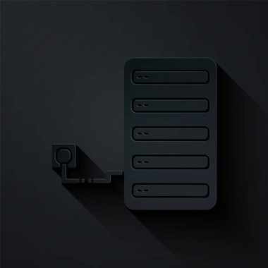 Kağıt kesme sunucu simgesi siyah arkaplanda izole edildi. Uygulama, servis konsepti, ayar seçenekleri, bakım, onarım, onarım. Kağıt sanatı tarzı. Vektör İllüstrasyonu