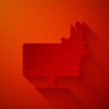 Kırmızı arkaplanda izole edilmiş tornavida ve ingiliz anahtarı ikonlu bilgisayar monitörü. Ayarlama, servis, ayar, bakım, onarım. Kağıt sanatı tarzı. Vektör İllüstrasyonu