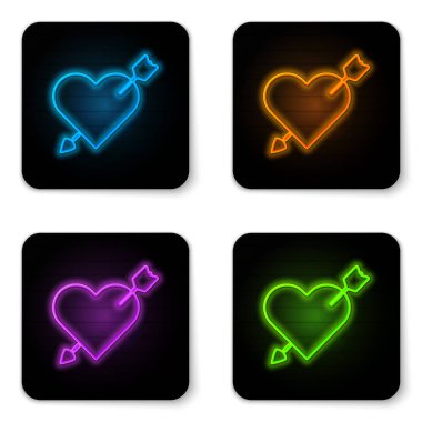 Beyaz arka planda izole edilmiş kalp ve ok ikonlu parıldayan neon amour sembolü. Aşk işareti. Sevgililer Günü sembolü. Siyah kare düğme. Vektör İllüstrasyonu