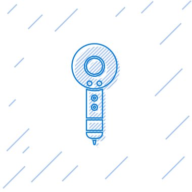 Mavi çizgi saç kurutma ikonu beyaz arkaplanda izole edildi. Saç kurutma makinesi tabelası. Saç kurutma sembolü. Sıcak hava üflüyor. Vektör İllüstrasyonu