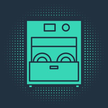 Yeşil Mutfak bulaşık makinesi simgesi mavi arka planda izole edilmiş. Soyut çember rastgele noktalar. Vektör İllüstrasyonu