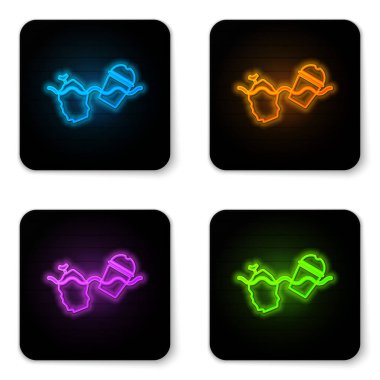Parlayan neon, beyaz arka planda izole edilmiş okyanus ikonu kirliliği sorunu. Çöpler, plastikler, denizdeki poşetler. Siyah kare düğme. Vektör İllüstrasyonu