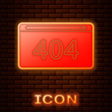 Parlayan neon sayfa ve tuğla duvar arka planında 404 hata ikonu. Şablon sayfanın bulunmadığını bildiriyor. Vektör İllüstrasyonu