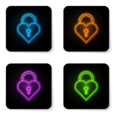 Beyaz arka plan üzerinde izole bir kalp simgesi şeklinde Parlayan Neon Kalesi. Kilitli Kalp. Aşk sembolü ve anahtar deliği işareti. Siyah kare düğme. Vektör İllüstrasyonu