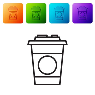 Siyah çizgi kağıt cam ikonu beyaz arkaplanda izole edilmiş. Soda bardağı. Taze soğuk içecek sembolü. Renkli kare düğmelerle simgeleri ayarla. Vektör İllüstrasyonu