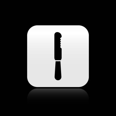 Siyah arka planda tek kullanımlık plastik bıçak ikonu var. Gümüş kare düğme. Vektör İllüstrasyonu