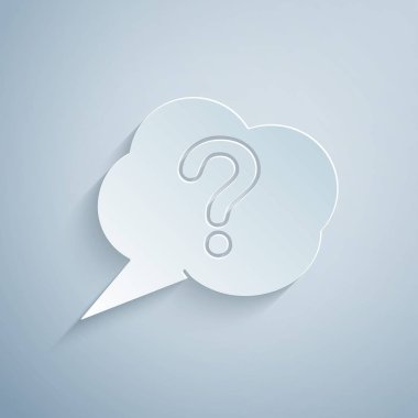 Kağıt kesiği konuşma balonu ve Soru simgesi gri arkaplanda izole edildi. Faq işareti. Dosyaları kopyala, konuşma balonu ve grafiğini çıkar. Kağıt sanatı tarzı. Vektör İllüstrasyonu