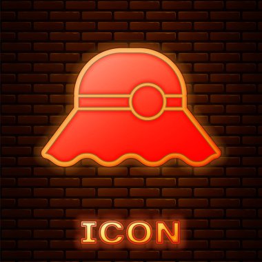 Glowing neon Elegant women hat icon isolated on brick wall background.  Vector Illustration