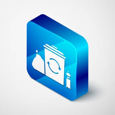 Beyaz arkaplanda izole edilmiş geri dönüşüm sembolü simgesi olan Isometric Geri Dönüşüm kutusu. Çöp kutusu simgesi. Çöp kutusu tabelası. Geri dönüşüm sepeti. Mavi kare düğme. Vektör İllüstrasyonu