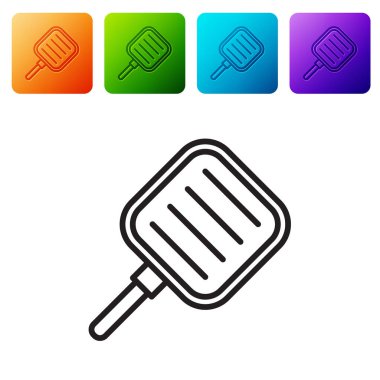 Siyah çizgi kızartma tavası simgesi beyaz arkaplanda izole edildi. Kızartma veya kızartma gıda sembolü. Renkli kare düğmelerle simgeleri ayarla. Vektör İllüstrasyonu