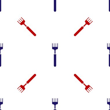Mavi ve kırmızı çatal simgesi beyaz arkaplandaki kusursuz deseni izole etti. Çatal bıçak sembolü. Vektör İllüstrasyonu